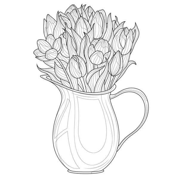 Tulips Jug Coloring Book Antistress Children Adults Illustration Isolated White — Stock Vector