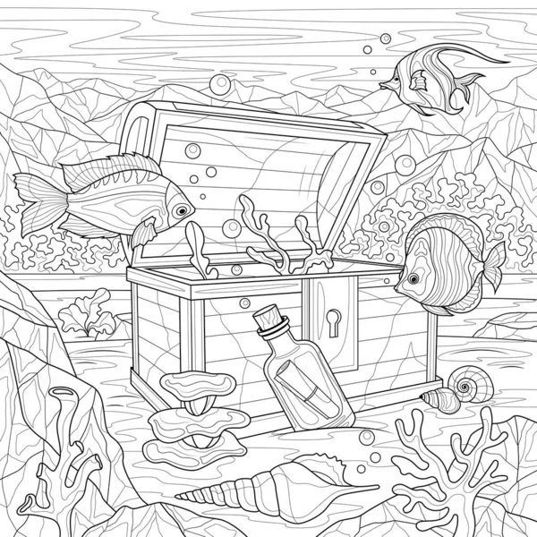 Underwater World Chest Fish Coloring Book Antistress Children Adults Illustration — стоковый вектор