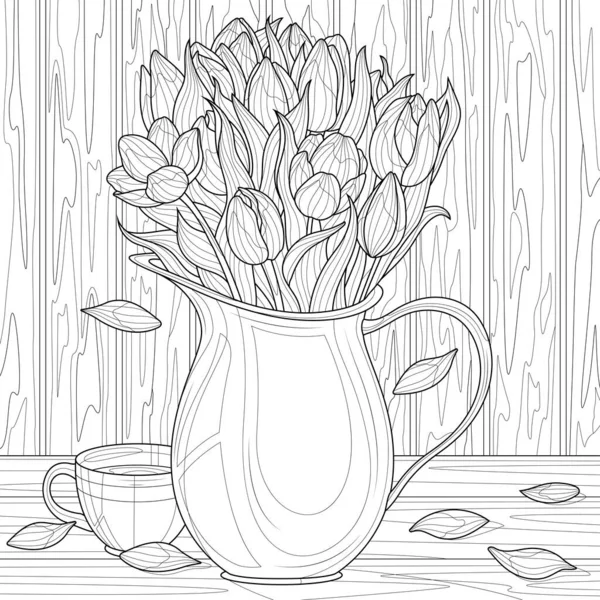 桌上的水壶里的郁金香和杯子里的郁金香 在白色背景上孤立的示例 Zen Tangle样式 黑白画 — 图库矢量图片