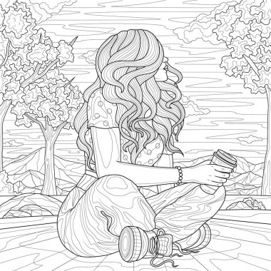 Ellerinde kahveyle yolda oturan bir kız. Çocuklar ve yetişkinler için boyama kitabı stresi. Resimler beyaz arka planda izole edildi. Zen-karmaşası tarzı. El çizimi