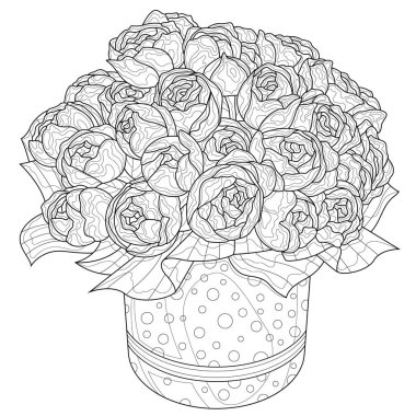 Masaya bir buket şakayık. Çocuklar ve yetişkinler için boyama kitabı. Resimler beyaz arka planda izole edildi. Zen-karmaşası tarzı. El çizimi