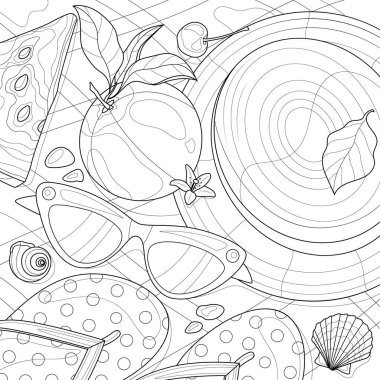 Gözlüklü şapka, parmak arası terlik ve meyveler. Sahildeki şeyler. Çocuklar ve yetişkinler için boyama kitabı antistresi. Resimler beyaz arka planda izole edildi. Zen-karmaşası tarzı. El çizimi