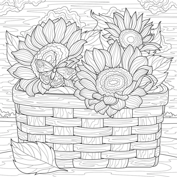 Sonnenblumenkorb Und Schmetterling Malbuch Antistress Für Kinder Und Erwachsene Illustration — Stockvektor