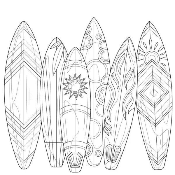 Surfboards Coloring Kniha Antistress Pro Děti Dospělé Ilustrace Izolované Bílém — Stockový vektor
