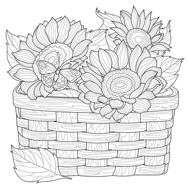 Sunflower Basket Coloring Book Antistress Children Adults Illustration Isolated White — Stock Vector