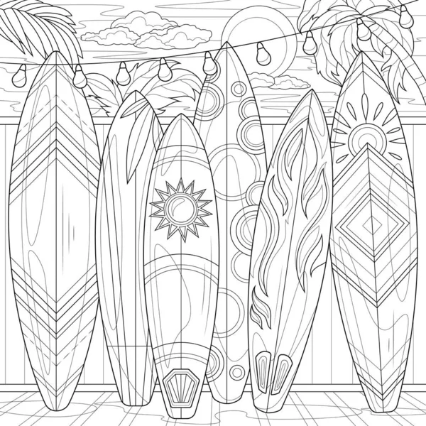 Planches Surf Par Clôture Livre Colorier Antistress Pour Les Enfants — Image vectorielle