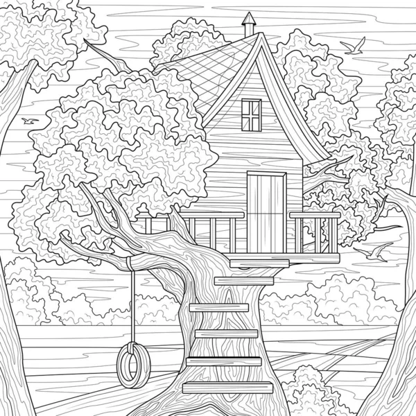 Casa Sull Arboro Scenario Libro Colorare Antistress Bambini Adulti Illustrazione — Vettoriale Stock