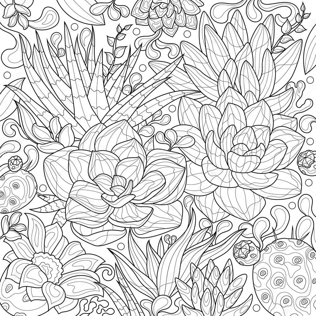 Succulents.Coloring book antistress for children and adults. Illustration isolated on white background.Zen-tangle style.