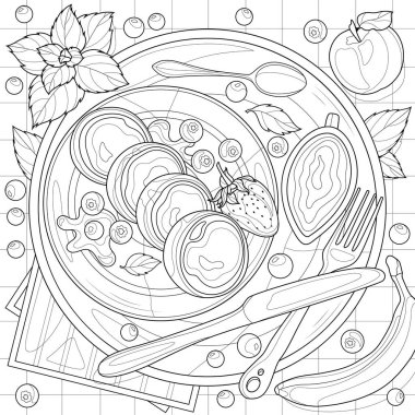 Tepside süzme peynirli cheesecake. Çocuklar ve yetişkinler için boyama kitabı antistresi. Resimler beyaz arkaplanda izole edildi. Zen-tangle tarzı.