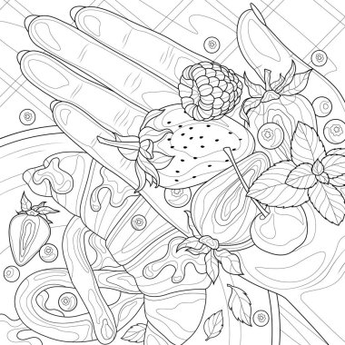 Böğürtlen ve pastalarla el. Çocuklar ve yetişkinler için boyama kitabı antistresi. Resimler beyaz arkaplanda izole edildi. Zen-tangle tarzı.