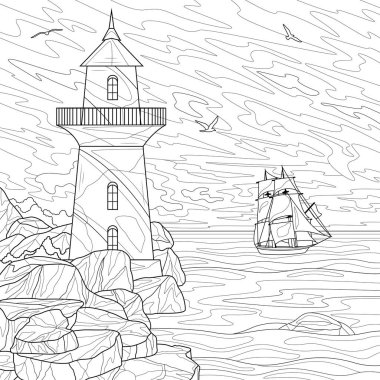 Deniz feneri ve gemi. Peyzaj. Çocuklar ve yetişkinler için boyama kitabı. Resimler beyaz arka planda izole edildi. Zen-karmaşası tarzı. El çizimi