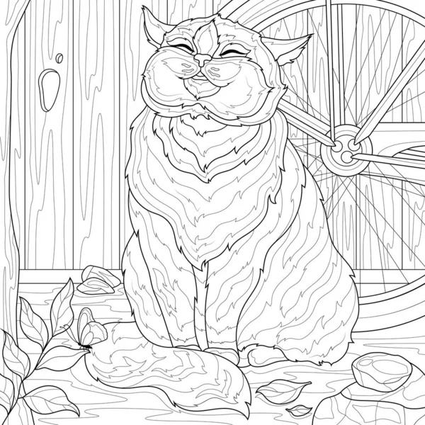 Cat Sits Fence Bike Coloring Book Antistress Children Adults Illustration — Stock Vector