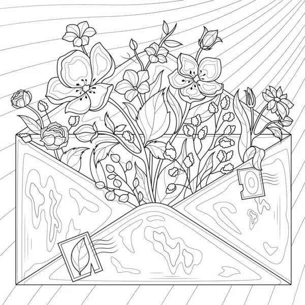 Envelope Different Flowers Coloring Book Antistress Children Adults Illustration Isolated — Stockvektor