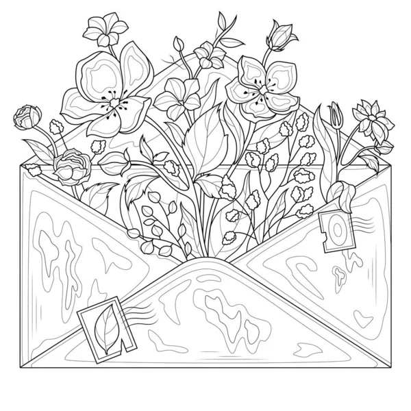 Envelope Flowers Coloring Book Antistress Children Adults Illustration Isolated White — ストックベクタ