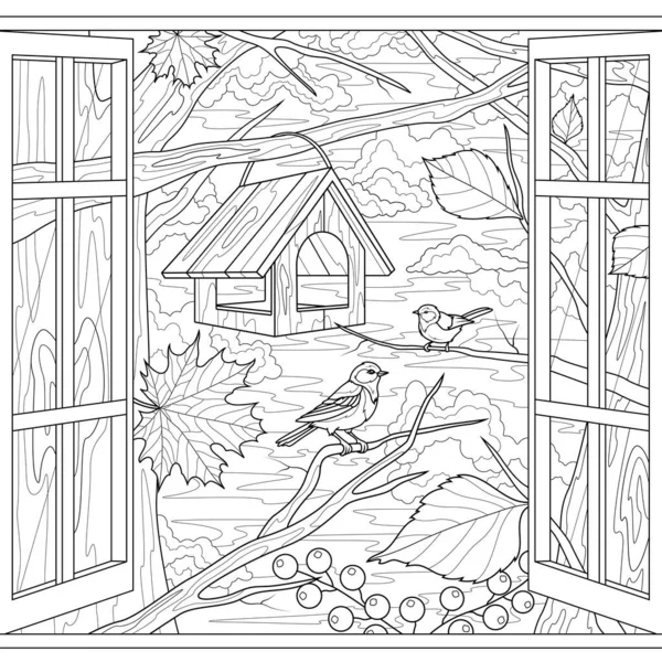 Birds Feeder Branches Autumn View Window Coloring Book Antistress Children —  Vetores de Stock