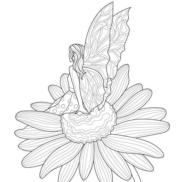 Fairy Sits Chamomile Coloring Book Antistress Children Adults Illustration Isolated — Διανυσματικό Αρχείο