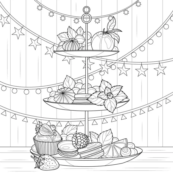 Plate Sweets Fruits Coloring Book Antistress Children Adults Illustration Isolated —  Vetores de Stock