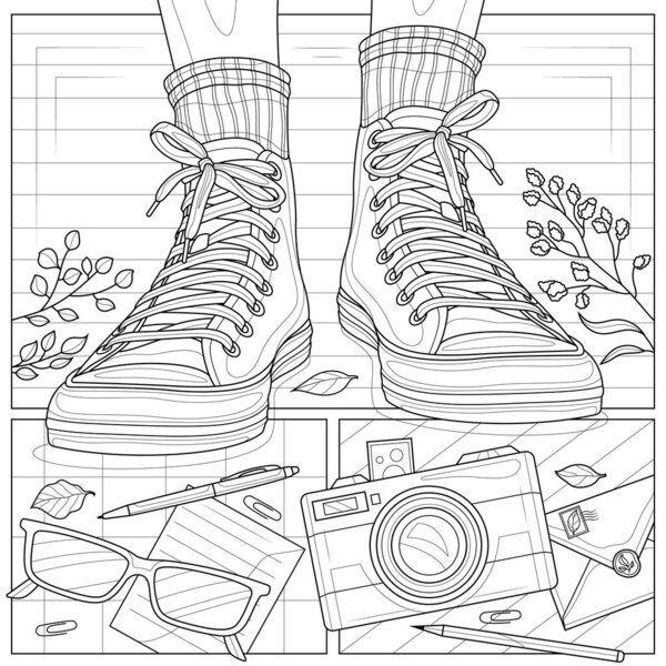 Sneakers on feet, camera and glasses.Flat lay.Coloring book antistress for children and adults. Illustration isolated on white background.Zen-tangle style. Hand draw
