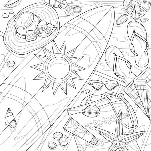 Surfboard Hat Flip Flops Other Things Beach Coloring Book Antistress — ストックベクタ