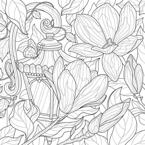 Street Lamp Magnolias Coloring Book Antistress Children Adults Illustration Isolated — Vettoriale Stock