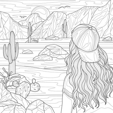 Girl looking at the desert.Coloring book antistress for children and adults. Illustration isolated on white background.Hand draw