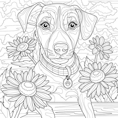 Dog with daisies. Jack russell terrier.Coloring book antistress for children and adults. Illustration isolated on white background. Zen-tangle style. Hand draw