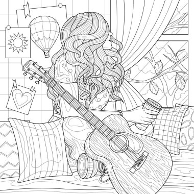 A girl with a guitar on the bed looks out the window.Coloring book antistress for children and adults. Illustration isolated on white background.Zen-tangle style. Hand draw