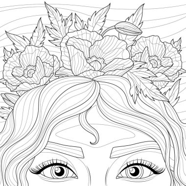 Girl in a wreath with poppies. Coloring book antistress for children and adults. Illustration isolated on white background. Zen-tangle style. Hand draw