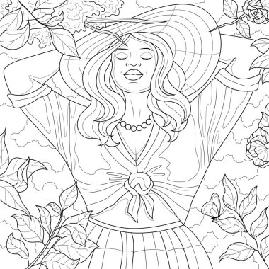 Girl with closed eyes enjoy nature.Coloring book antistress for children and adults. Illustration isolated on white background.Zen-tangle style. Hand draw
