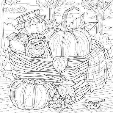 Basket with hedgehog and pumpkins.Autumn harvest.Coloring book antistress for children and adults. Illustration isolated on white background.Zen-tangle style. Hand draw