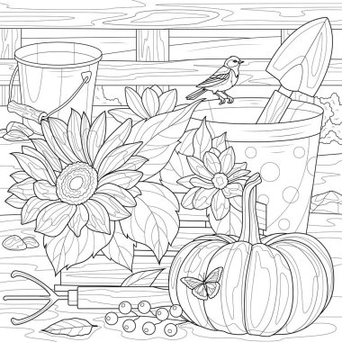 Garden equipment and flowers.Harvesting.Coloring book antistress for children and adults. Illustration isolated on white background.Zen-tangle style. Hand draw