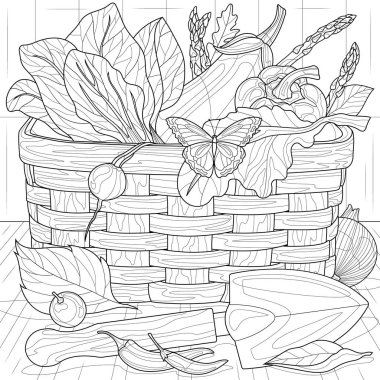 Harvest basket.Vegetables in a basket.Coloring book antistress for children and adults.