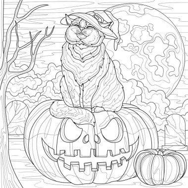 The cat sits on a Halloween pumpkin against the backdrop of the moon.Coloring book antistress for children and adults. Illustration isolated on white background.Zen-tangle style. Hand draw