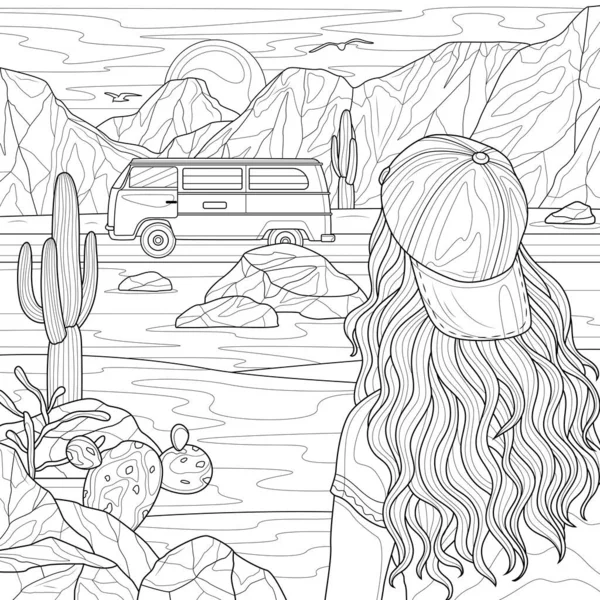 Girl in the desert looking at the bus.Landscape with cacti.Coloring book antistress for children and adults. Illustration isolated on white background.Zen-tangle style.