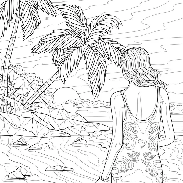 Girl in a dress on the beach with palm trees.Coloring book antistress for children and adults. Illustration isolated on white background.Zen-tangle style. Hand draw