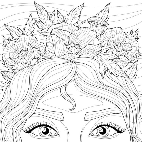 Girl in a wreath with poppies. Coloring book antistress for children and adults. Illustration isolated on white background. Zen-tangle style. Hand draw