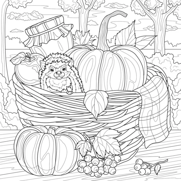 Basket with hedgehog and pumpkins.Autumn harvest.Coloring book antistress for children and adults. Illustration isolated on white background.Zen-tangle style. Hand draw