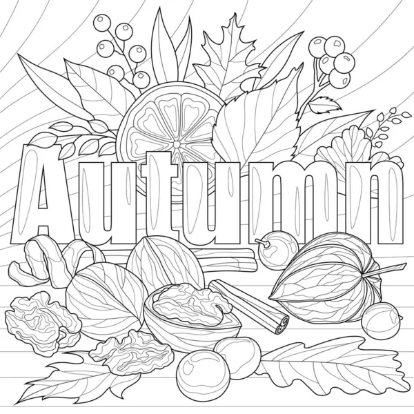 Autumn Inscription Autumn Leaves Nuts Physalis Coloring Book Antistress Children — Stockvector