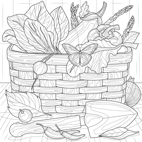 Harvest Basket Vegetables Basket Coloring Book Antistress Children Adults — 스톡 벡터