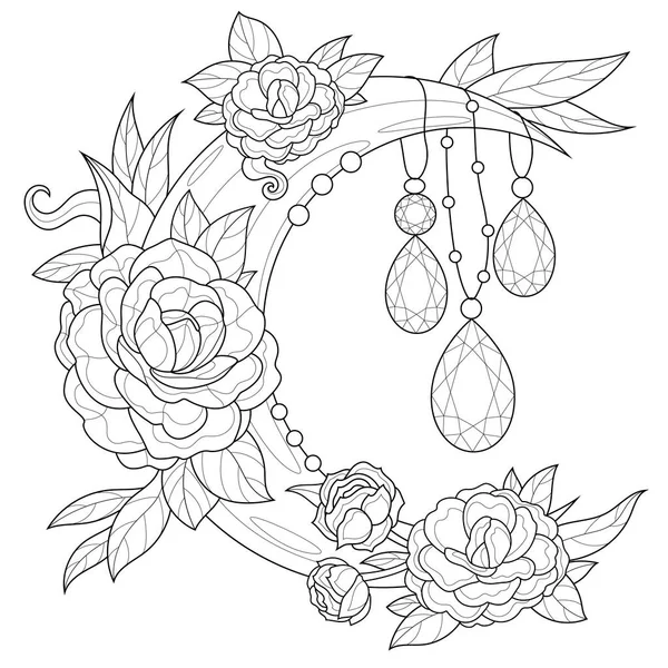 Moon Gems Flowers Coloring Book Antistress Children Adults Illustration Isolated — Stockvektor