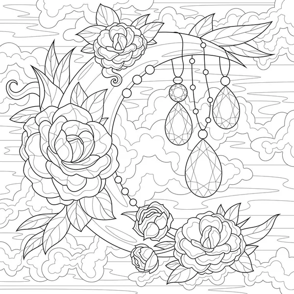 Moon Gems Flowers Coloring Book Antistress Children Adults Illustration Isolated — Wektor stockowy