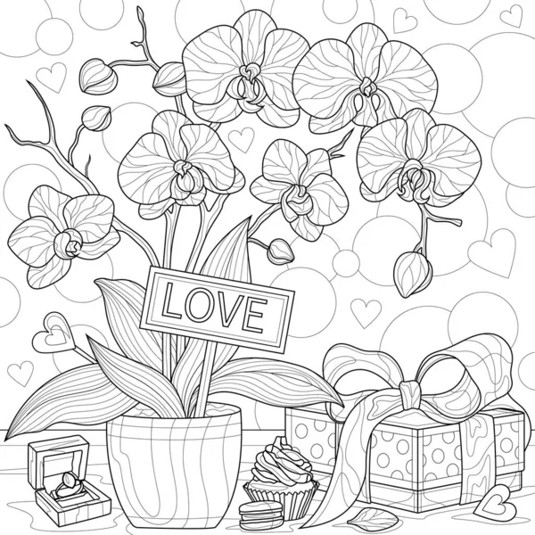 Orchid Gift Wedding Ring Table Coloring Book Antistress Children Adults — Stok Vektör