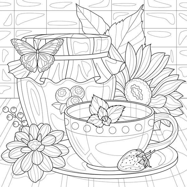 Jar Jam Tea Flowers Coloring Book Antistress Children Adults Illustration — ストックベクタ