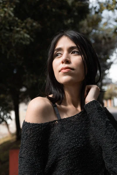 Detalhe Rosto Uma Jovem Mulher Latina Com Cabelo Preto Longo — Fotografia de Stock