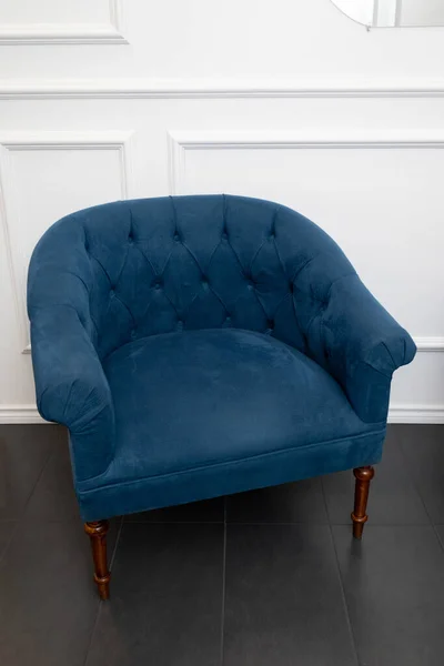 chair with arms, blue suede fabric, comfortable and exclusive furniture design, object for interior decoration, elegant style
