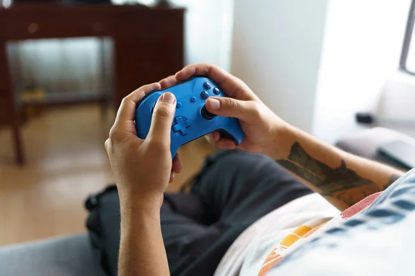 Hands Holding Playing Blue Video Game Controller Details Joystick Buttons — Stockfoto