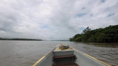 traveling in a canoe through a river next to a forest in the day, landscape with clouds, wild nature and traditional and rustic means of transport, movement scene