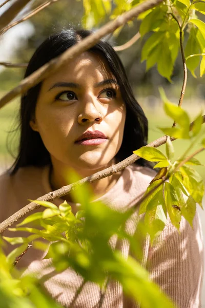 Jardim Com Planta Natural Folhas Frescas Jovem Mulher Latina Com — Fotografia de Stock