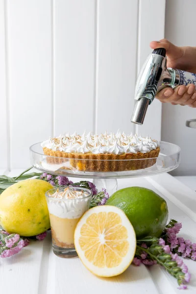 손으로 용기를 케이크에 페이스트리 색깔을 미식가 디저트 — 스톡 사진