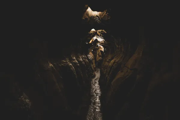 石筍や鍾乳石で暗い地下洞窟を探検し — ストック写真